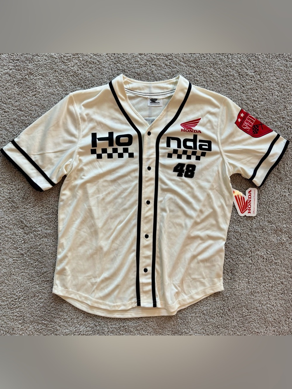 Honda Motor Racing #48 Off-white Button Up Mens MED Jersey. Speedway Patch. NWT - Picture 2 of 6